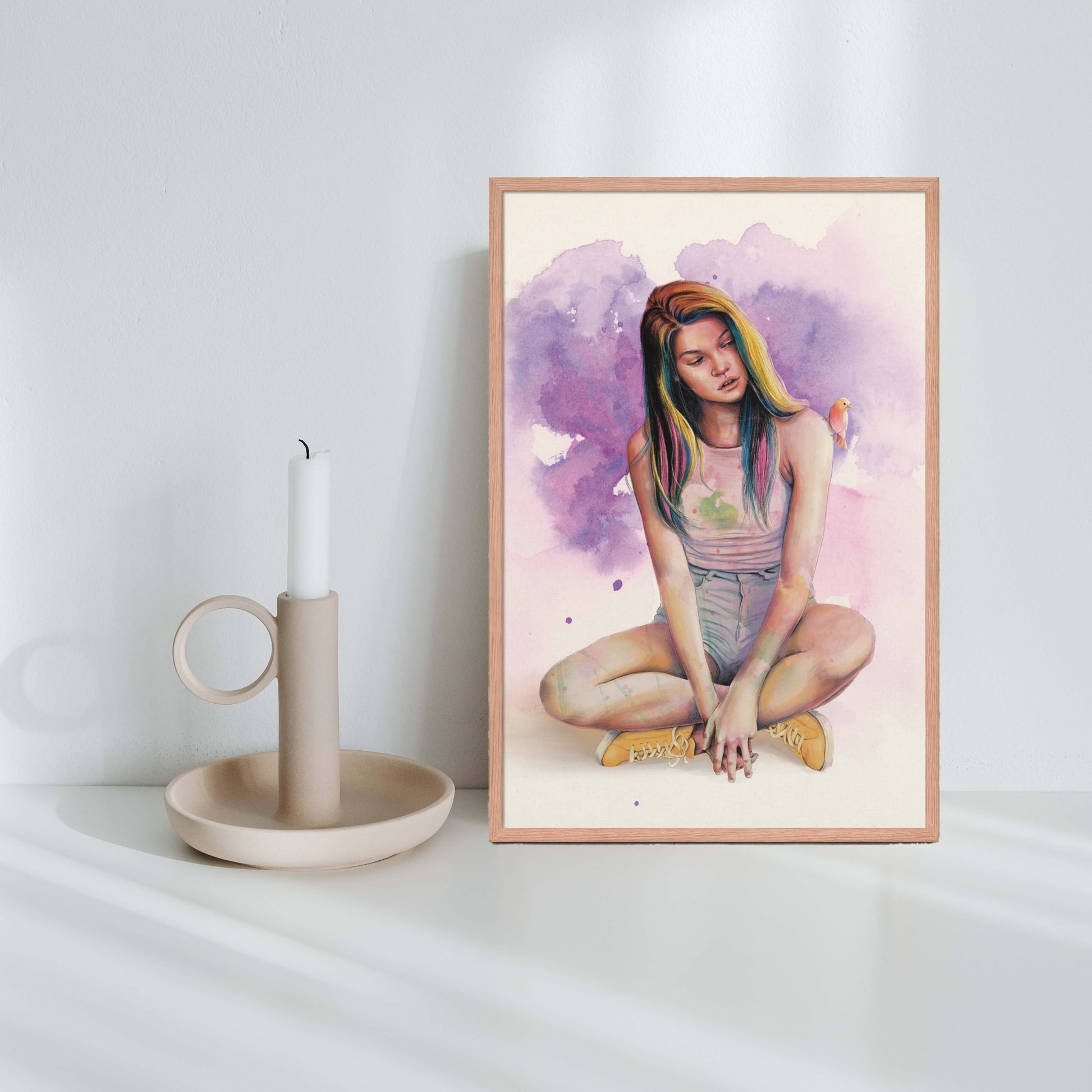 A girl in yellow shoes sitting idly with a bird sitting on her shoulder art poster in purple, pink & yellow hues oak framed poster