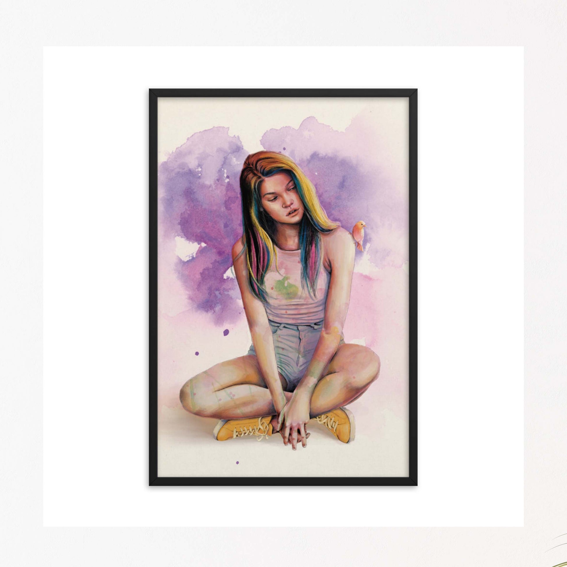 A girl in yellow shoes sitting idly with a bird sitting on her shoulder art poster in purple, pink & yellow hues black framed poster