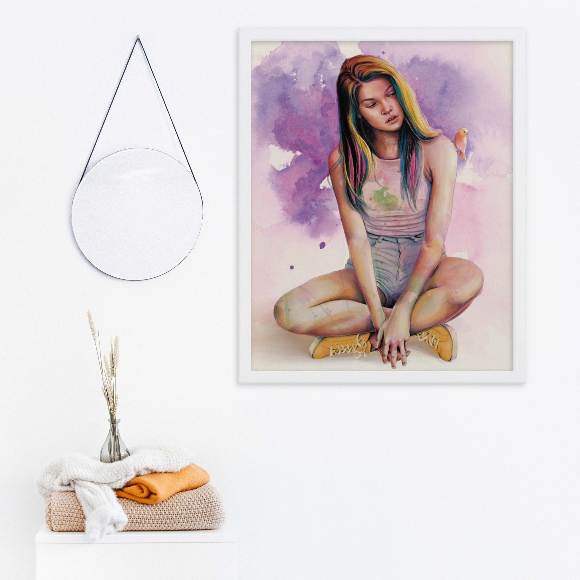 A girl in yellow shoes sitting idly with a bird sitting on her shoulder art poster in purple, pink & yellow hues white framed poster