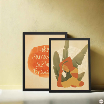A black-framed poster featuring an illustration of a woman in a yoga pose, set against a backdrop of large leafy plants in earthy tones and mandala art. Perfect for spiritual and calming corner decor