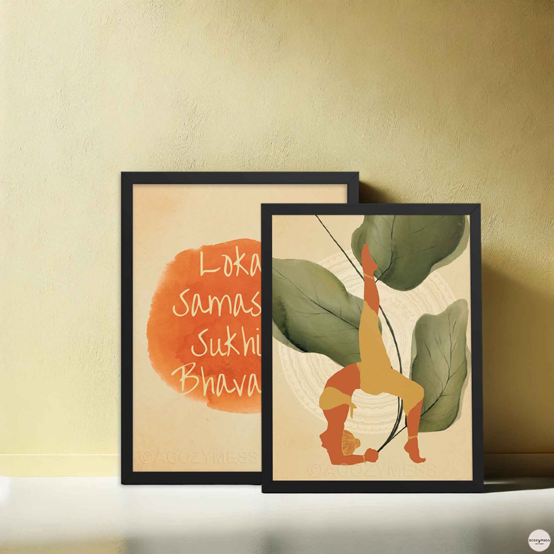 A black-framed poster featuring an illustration of a woman in a yoga pose, set against a backdrop of large leafy plants and mandala art in earthy tones. 