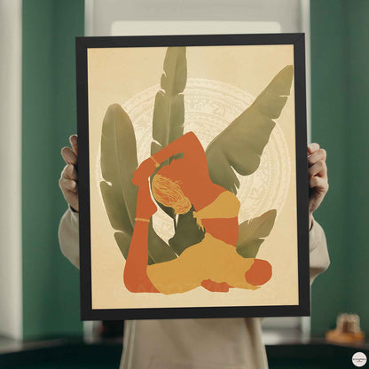 A black-framed poster featuring an illustration of a woman in a yoga pose, set against a backdrop of large leafy plants in earthy tones and mandala art. The calming design reflects balance, mindfulness, and a deep connection to nature—ideal as meditation art.