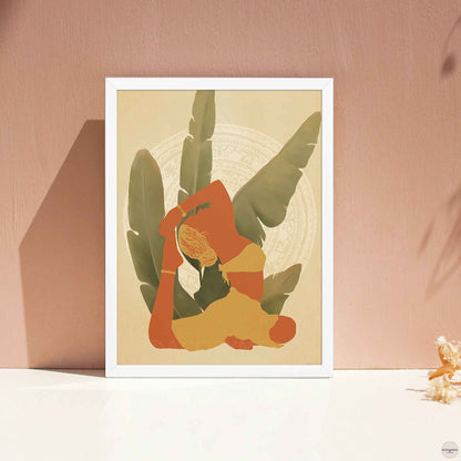 A white-framed poster featuring an illustration of a woman in a yoga pose, set against a backdrop of large leafy plants in earthy tones and mandala art. The calming design reflects balance, mindfulness, and a deep connection to nature—ideal for yoga or meditation spaces.