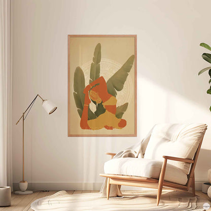 A oakwood-framed poster featuring an illustration of a woman in a yoga pose, set against a backdrop of large leafy plants in earthy tones and mandala art. The calming design reflects balance, mindfulness, and a deep connection to nature—ideal as meditation art.