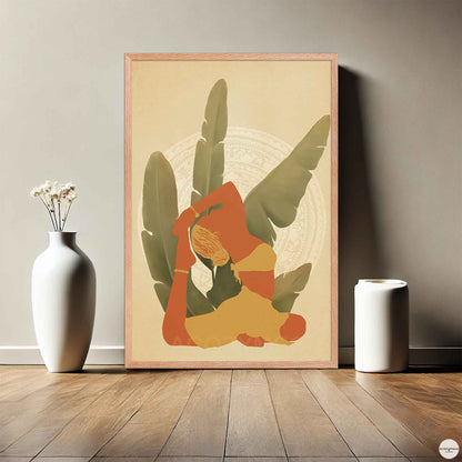 A oakwood-framed poster featuring an illustration of a woman in a yoga pose, set against a backdrop of large leafy plants in earthy tones. The calming design reflects balance, mindfulness, and a deep connection to nature—ideal for yoga or meditation spaces.