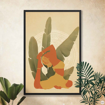 A black-framed poster featuring an illustration of a woman in a yoga pose, set against a backdrop of large leafy plants in earthy tones and mandala art. The calming design reflects balance, mindfulness, and a deep connection to nature—ideal for yoga or meditation spaces.