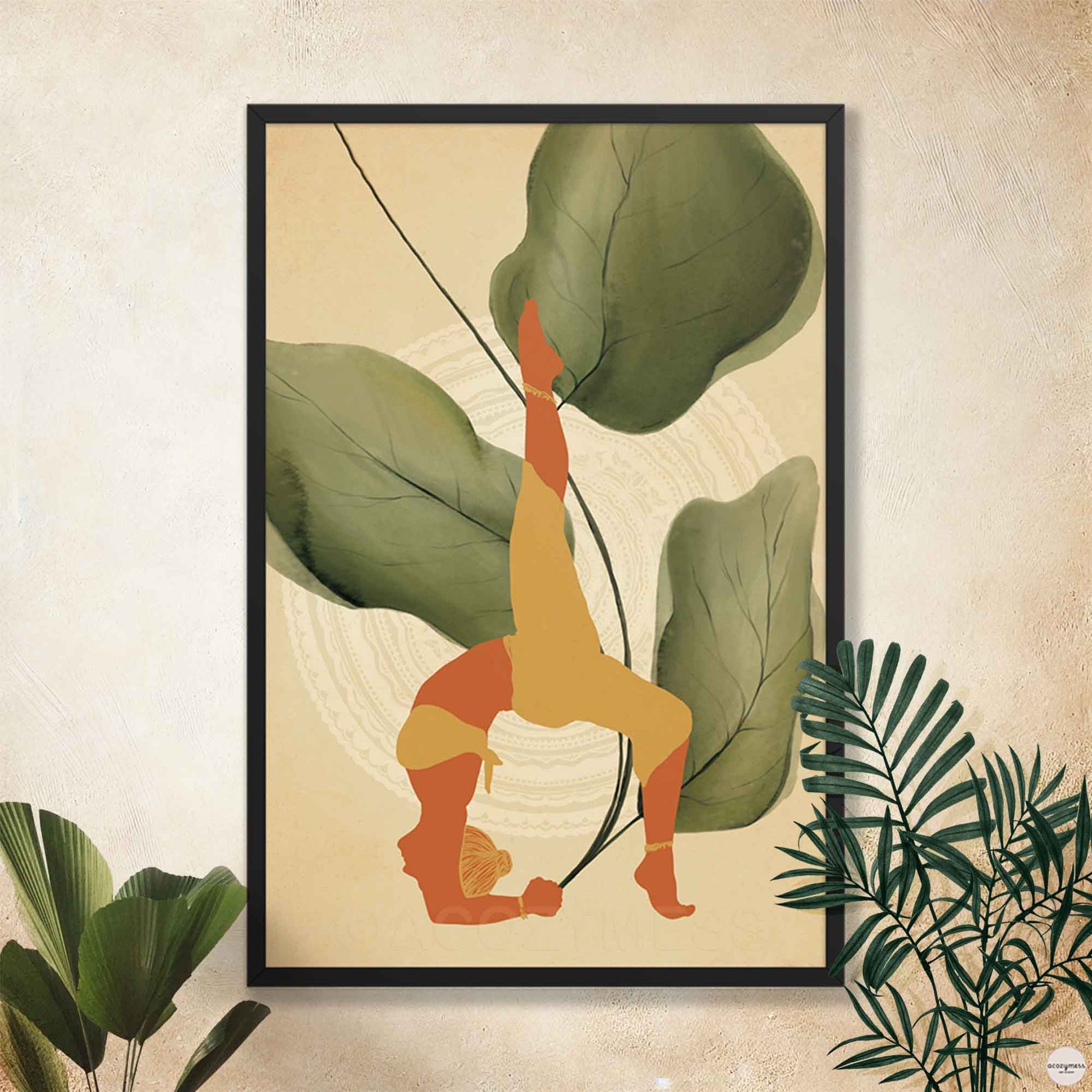 A black-framed poster featuring an illustration of a woman in a yoga pose, set against a backdrop of large leafy plants in earthy tones. The calming design reflects balance, mindfulness, and a deep connection to nature—ideal for yoga or meditation spaces.