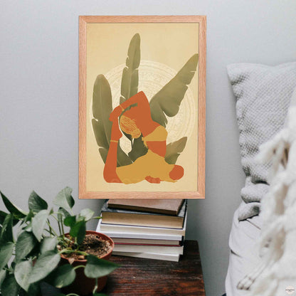 A oakwood-framed poster featuring an illustration of a woman in a yoga pose, set against a backdrop of large leafy plants in earthy tones and mandala art. 