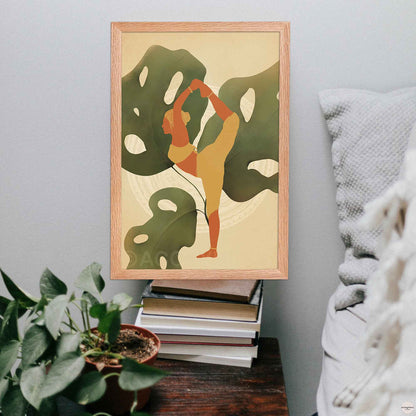 Nature inspired Yoga room wall art of a woman in earthly colors displayed in oakwood frame.