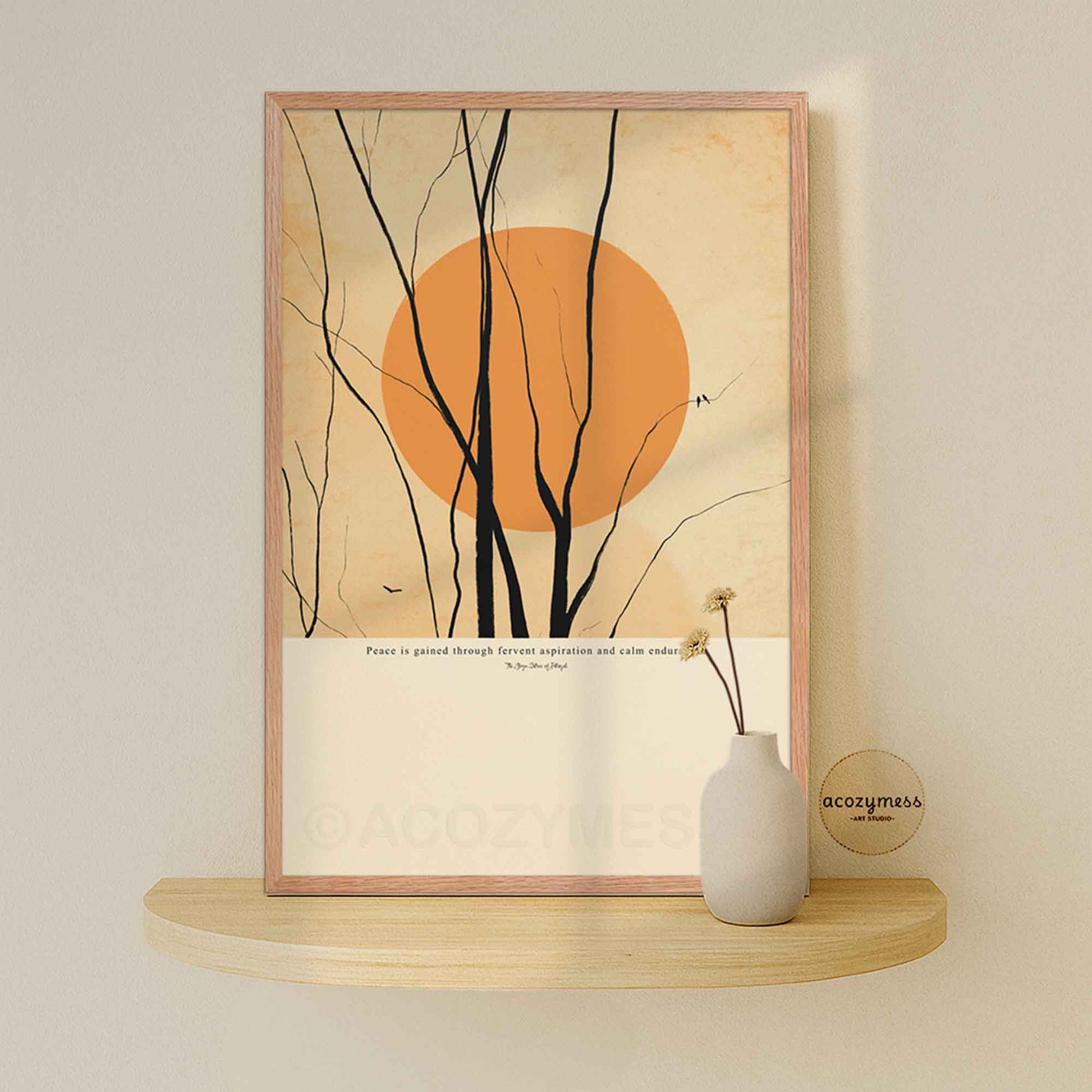 Peace quote poster with sunillustration, framed in oakwood, displayed on wall.
