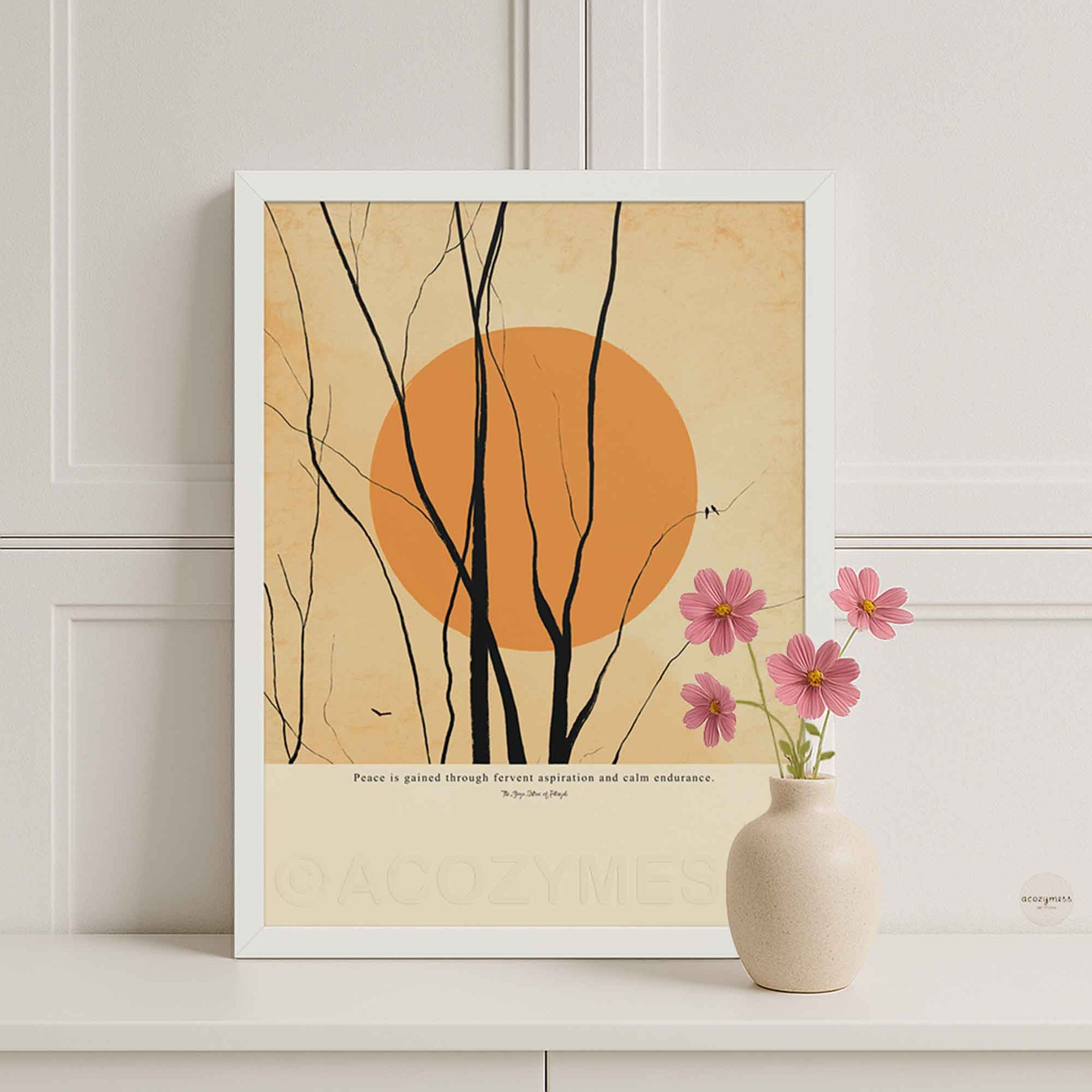  Peace quote poster with calming illustration, framed in white, displayed on wall.