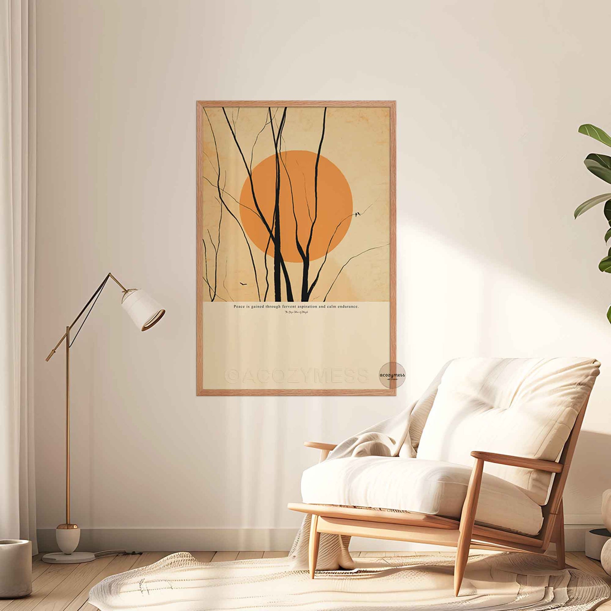 Peace quote print with sun art, framed in oakwood