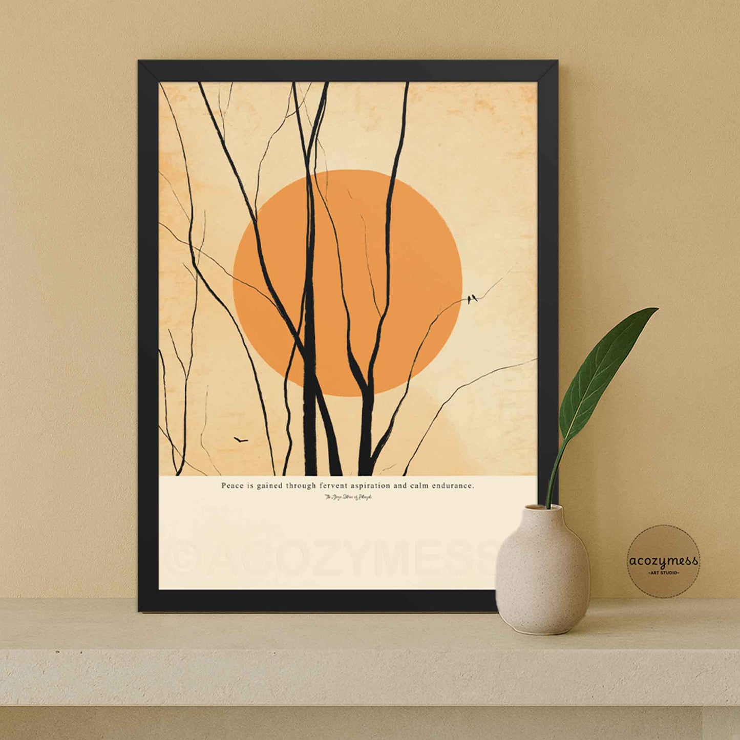meditation art- Peace quote poster with calming sun illustration, framed in black.