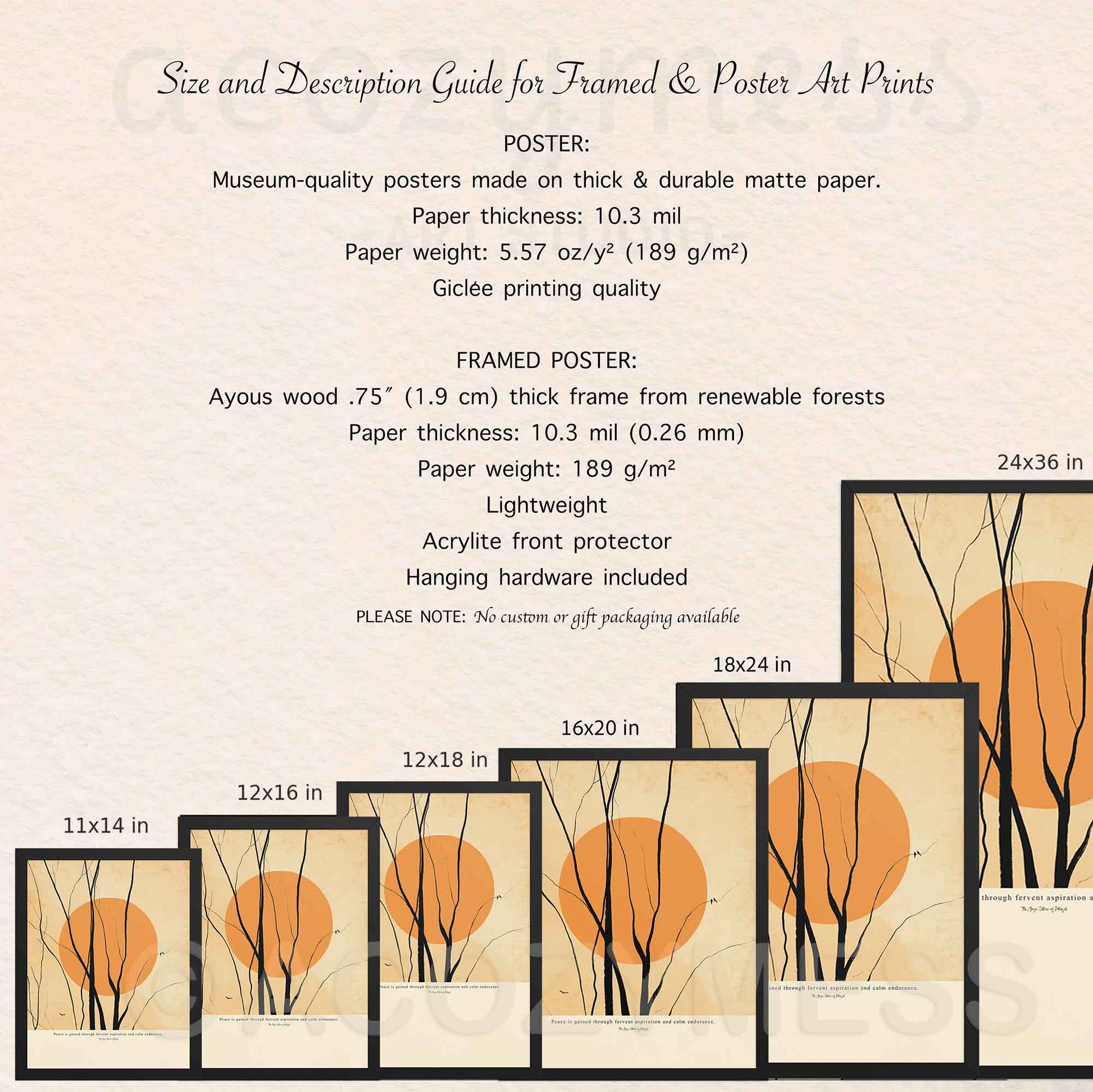 Size and description guide for framed and poster art prints with a tree and sun design.