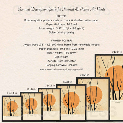 Size and description guide for framed and poster art prints with a tree and sun design.