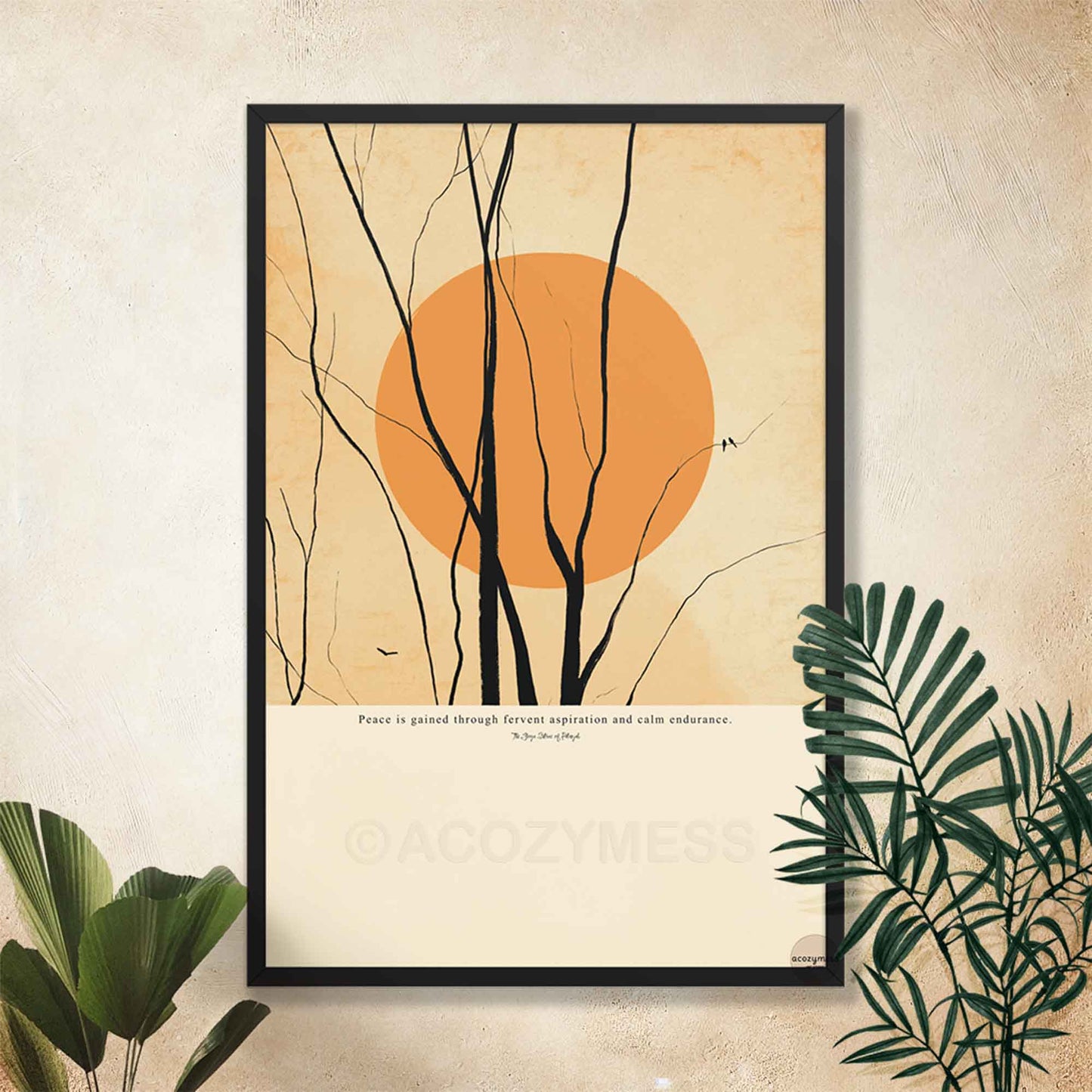 Peace quote poster with calming illustration, framed in black, displayed on wall.
