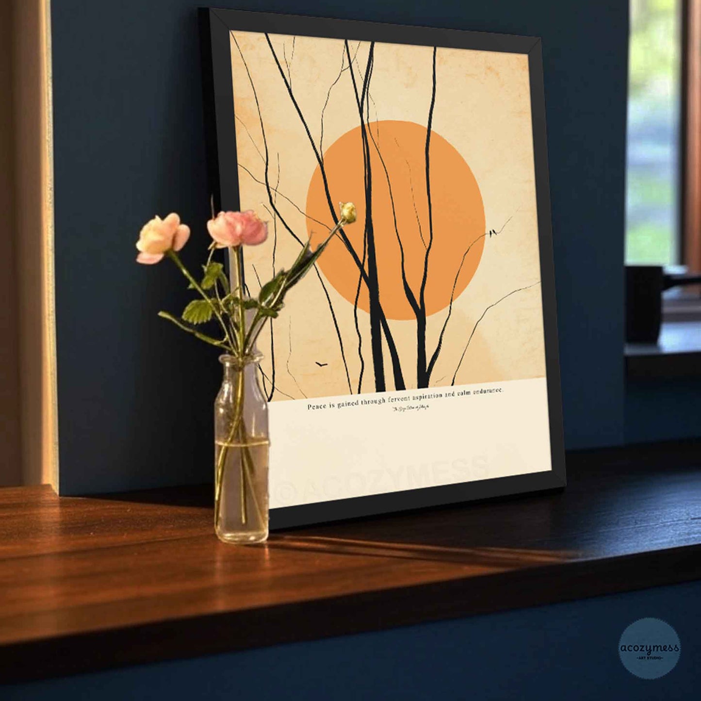patanjali yoga sutras Peace quote poster with calming illustration, framed in black, displayed on wall.