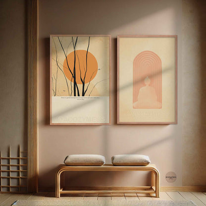 peace wall art poster with calming sun illustration, framed in oakwood, displayed on wall.