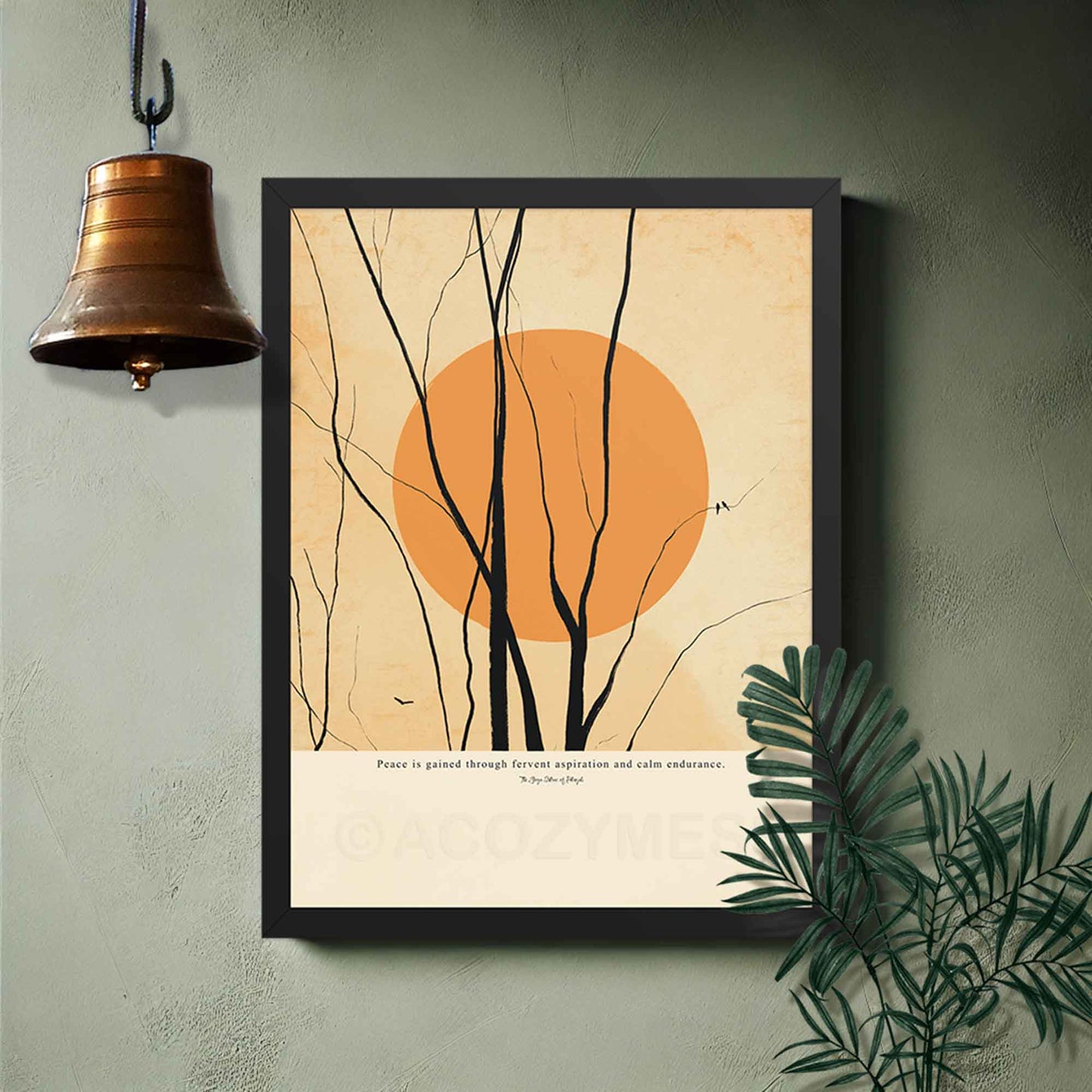 Peace quote poster with calming illustration, framed in black, displayed on a green wall.