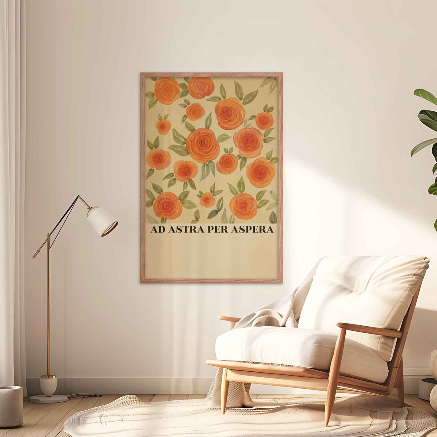 Ad Astra Per Aspera poster featuring an inspiring Latin phrase with elegant floral art,  for adding motivation and charm to your home or office decor, in oakwood frame