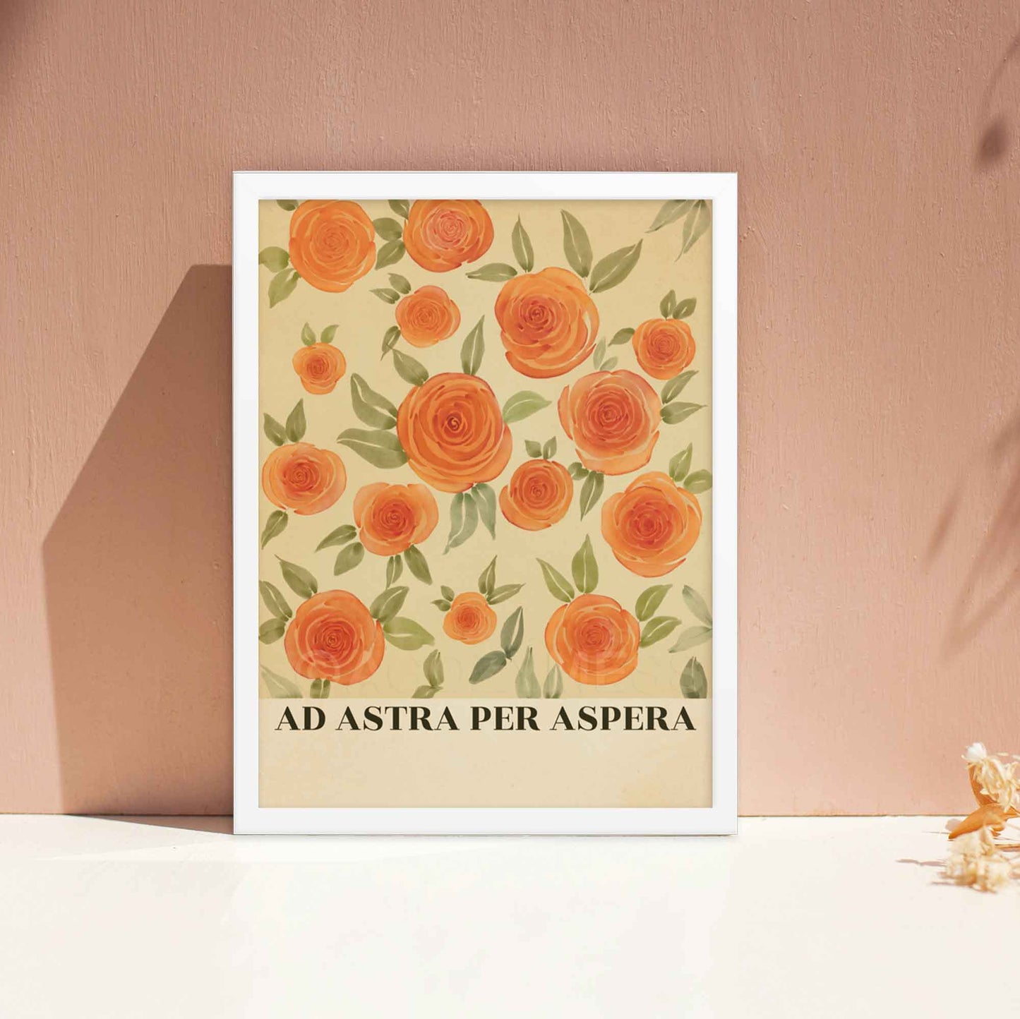 Ad Astra Per Aspera poster in white frame  featuring an inspiring Latin phrase with elegant floral art, perfect for adding motivation and charm to your home or office decor.