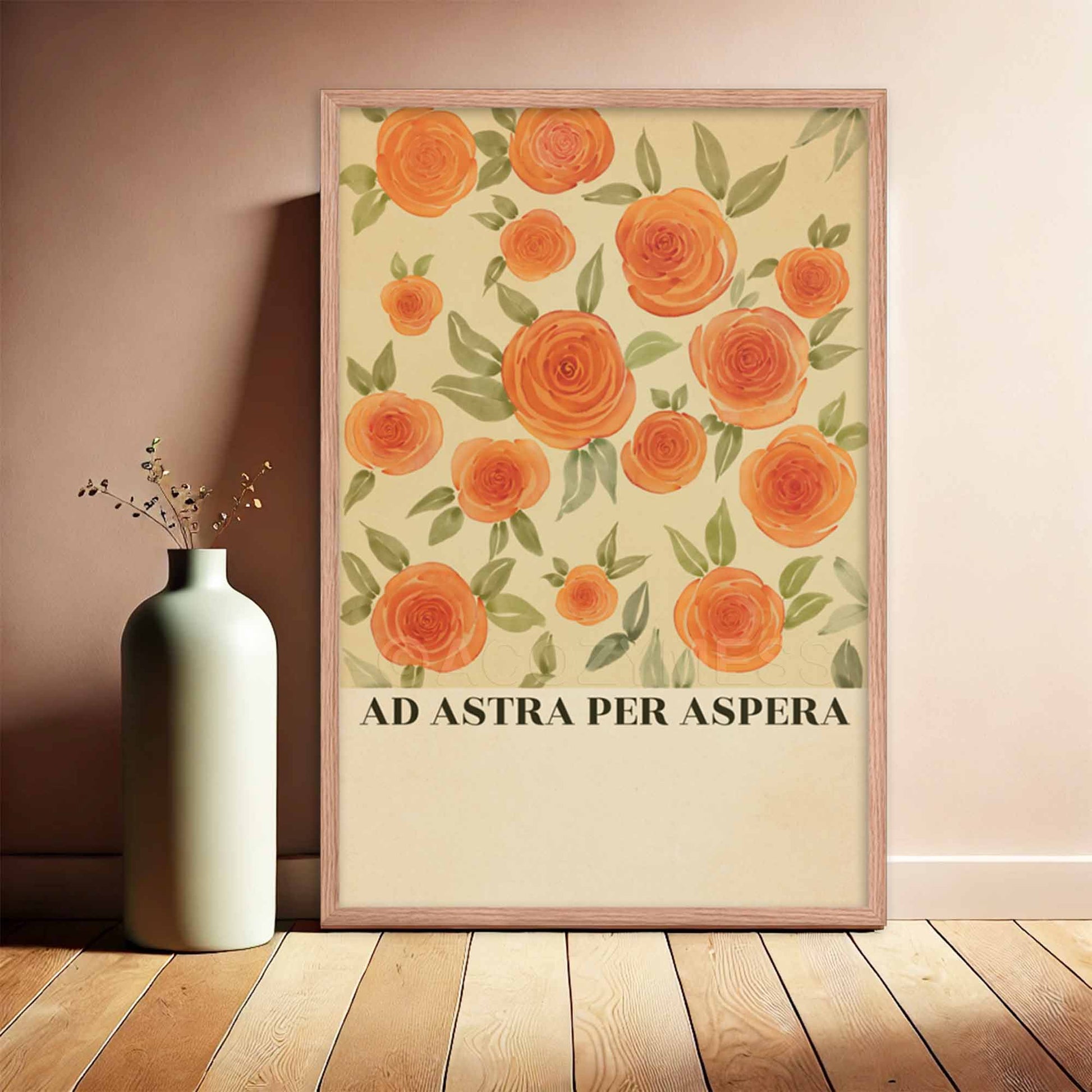 Ad Astra Per Aspera poster in oakwood frame featuring an inspiring Latin phrase with elegant floral art, perfect for adding motivation and charm to your home or office decor.