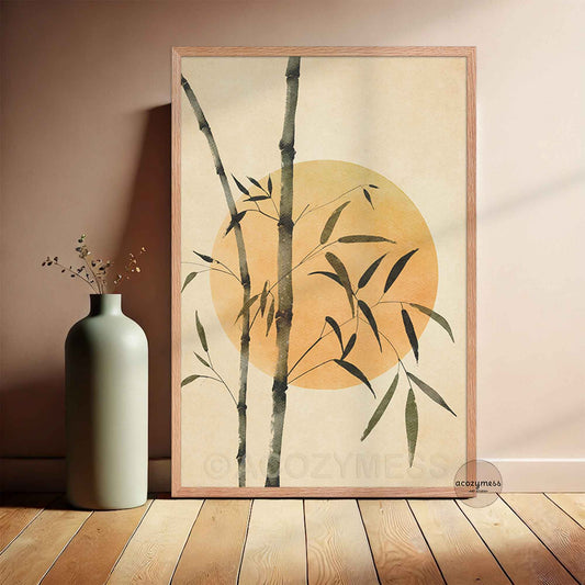 Oakwood Framed artwork with bamboo design on a wall.