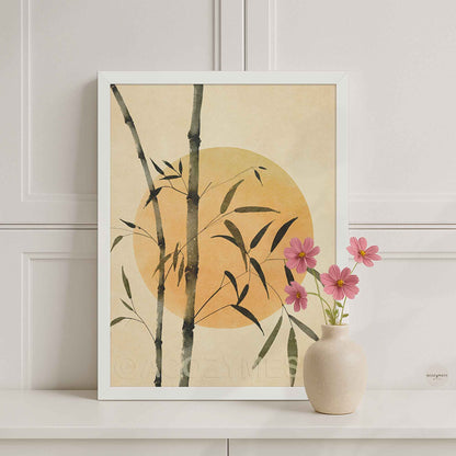 White Framed artwork with bamboo and sun on a beige background.