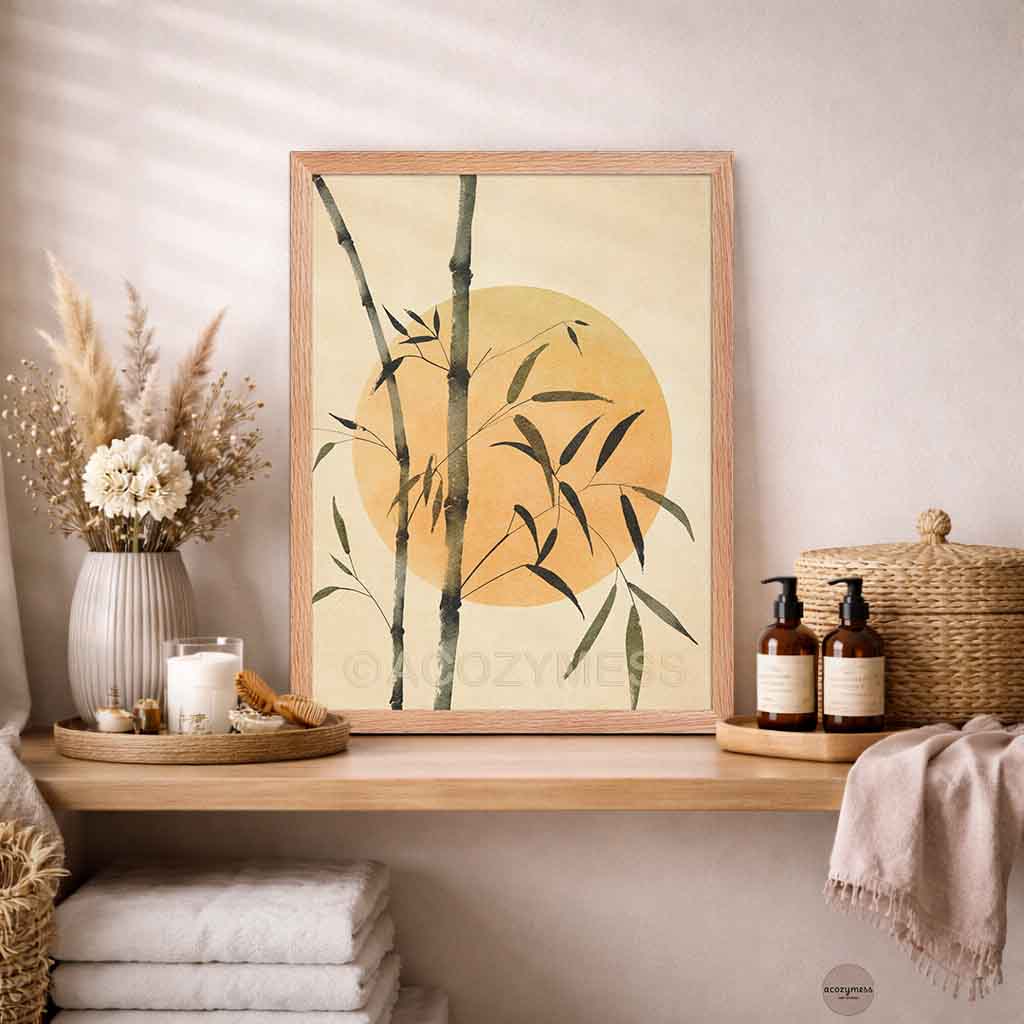 Oakwood Framed zen artwork with bamboo and sun dart on a wall above a wooden shelf.
