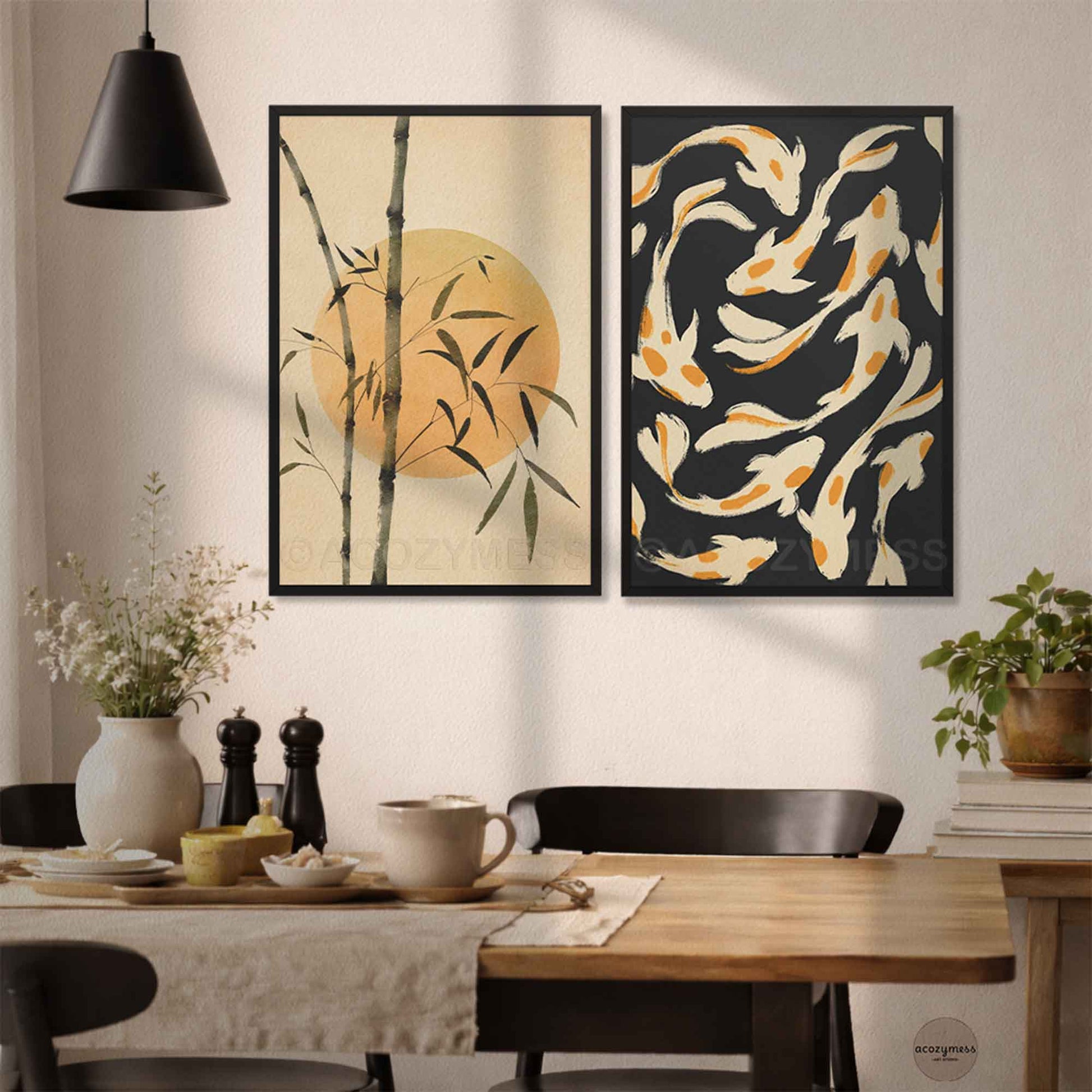 Dining room with two black framed artworks of bamboo and ki fishes on beige background on the wall.