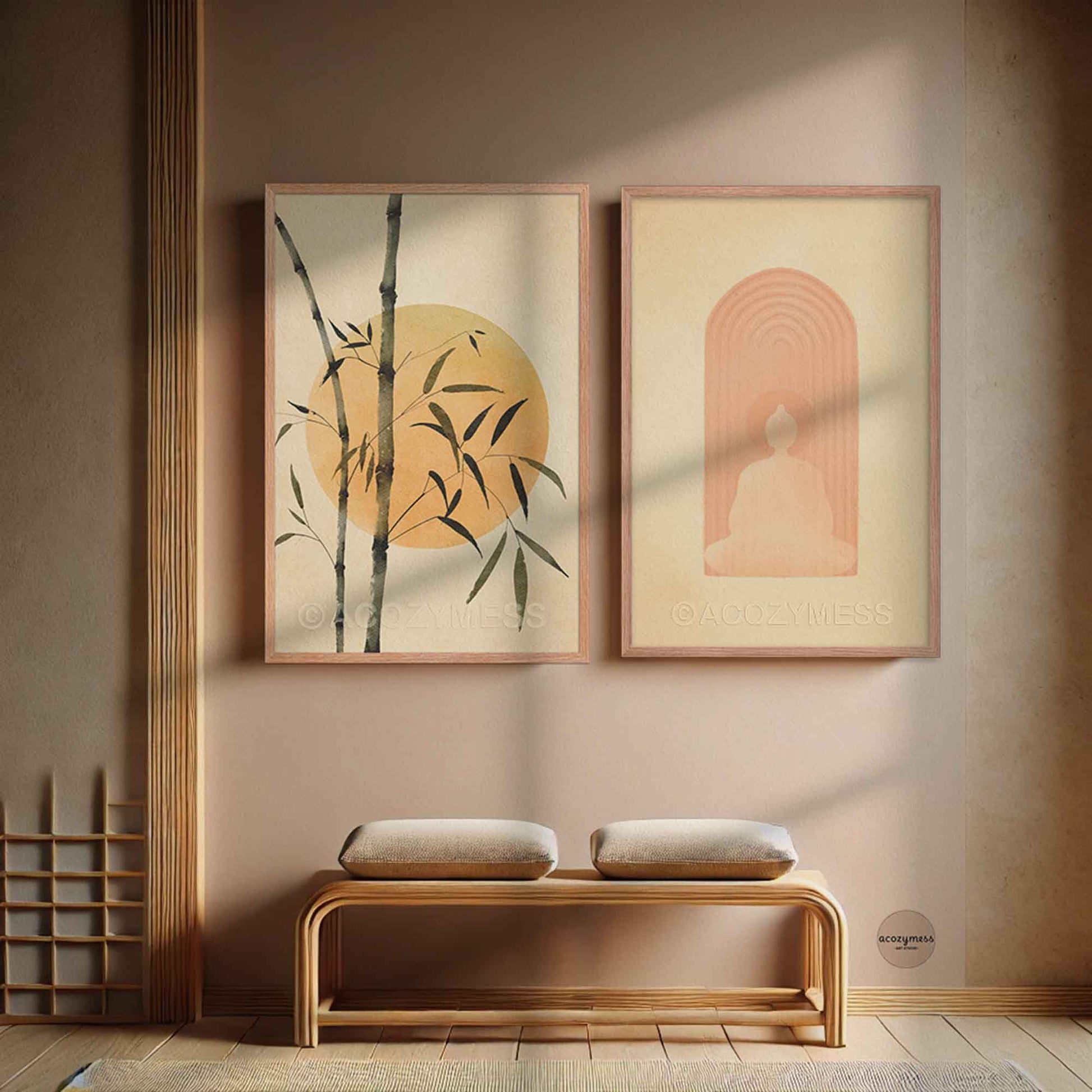 Two Oakwood framed zen artworks on a wall with a wooden bench below.