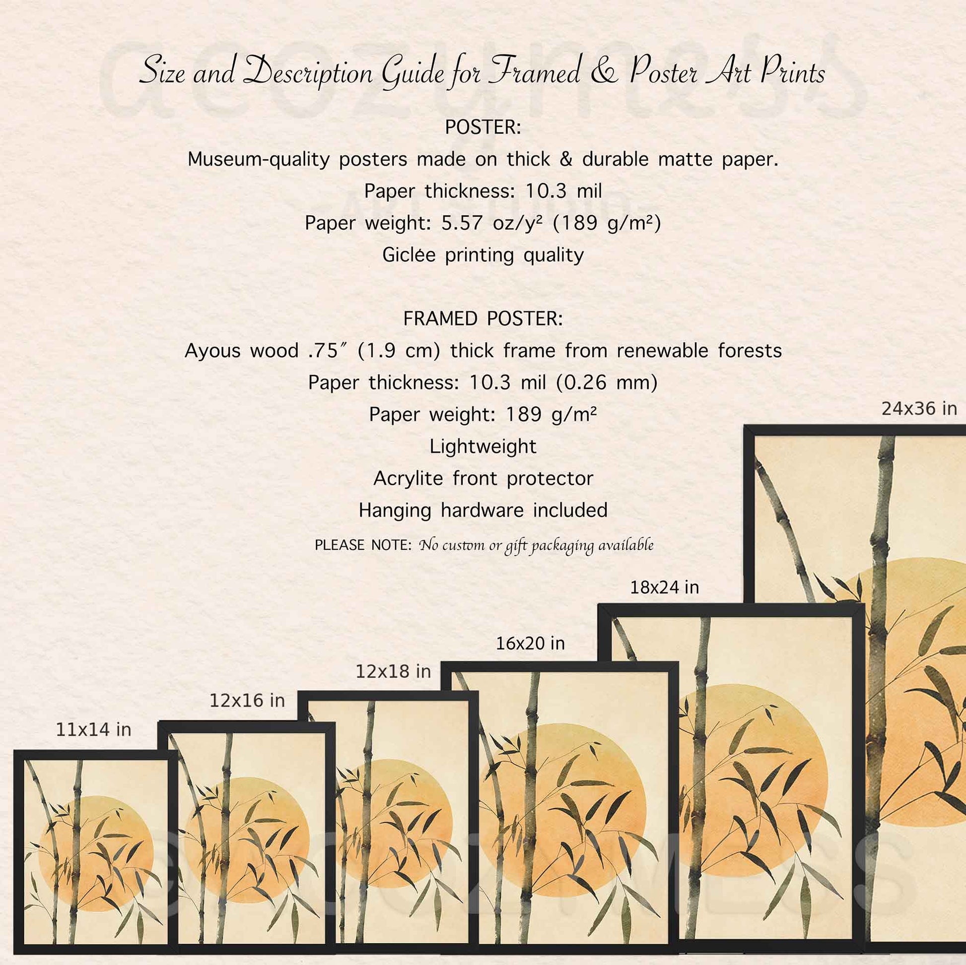 Size and description guide for framed and poster art prints with bamboo design.