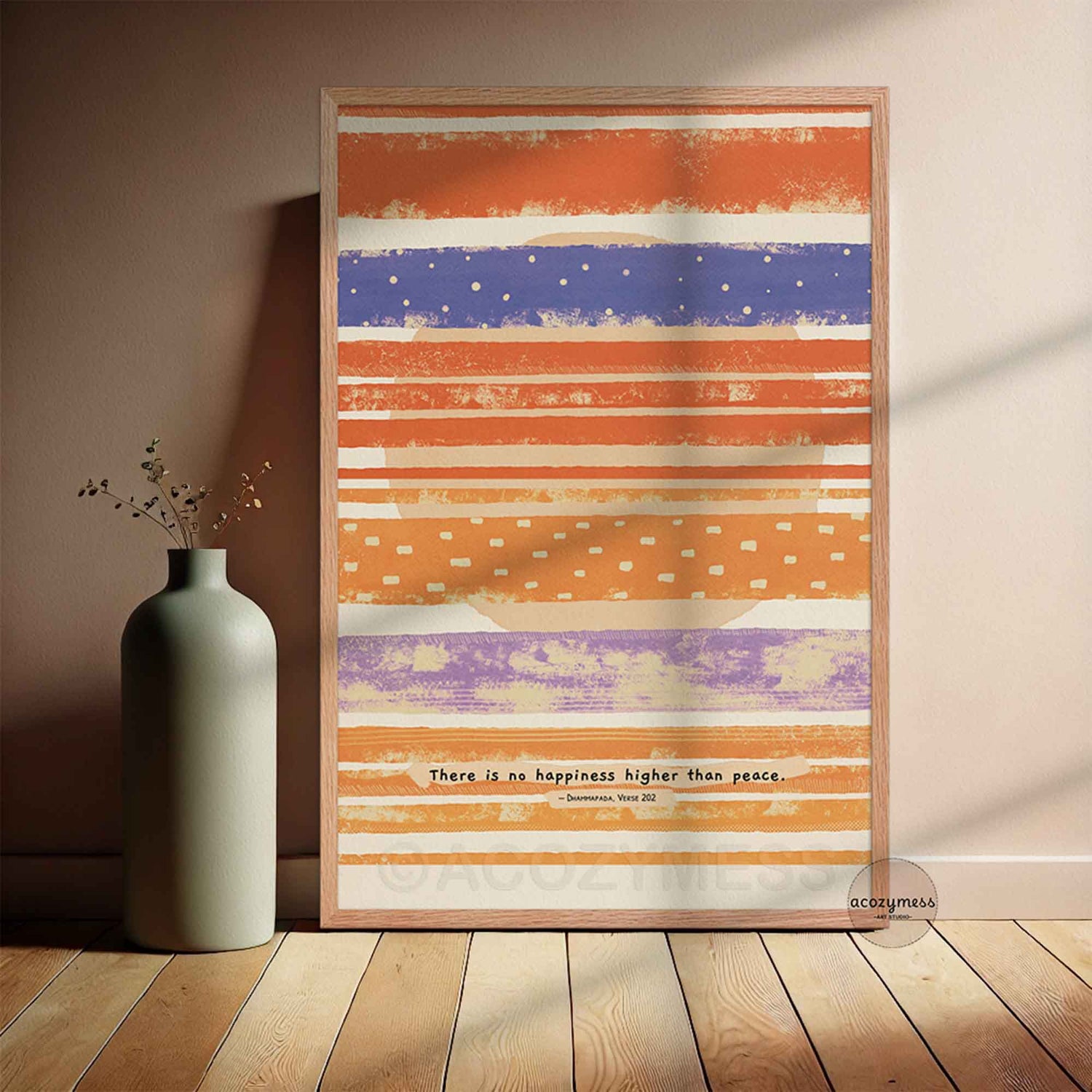 Oakwood framed poster featuring the Dhammapada quote “There is no higher happiness than peace,” paired with calming colorful abstract art.