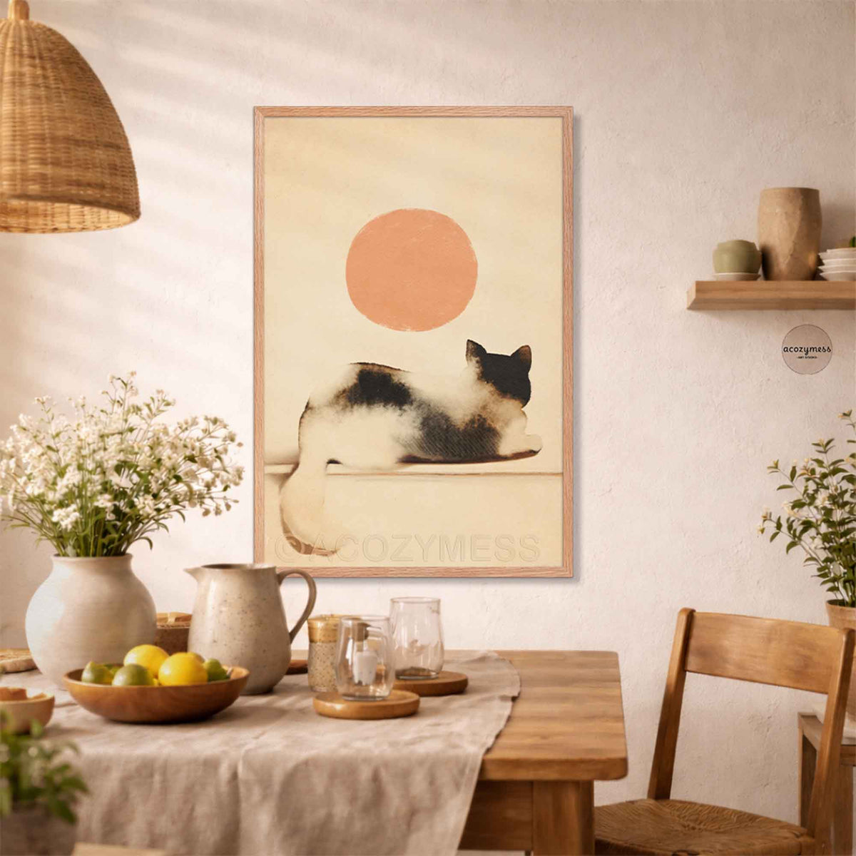Oak framed cat looking at the sun print above a dining table with white flowers and a rattan pendant lamp