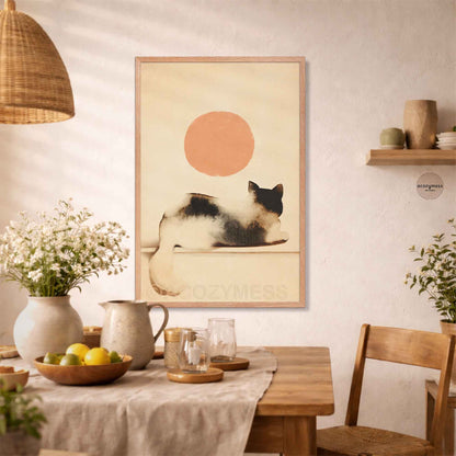 Oak framed cat looking at the sun print above a dining table with white flowers and a rattan pendant lamp