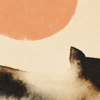 Close-up of the peach sun and the cat's soft black and white watercolor fur