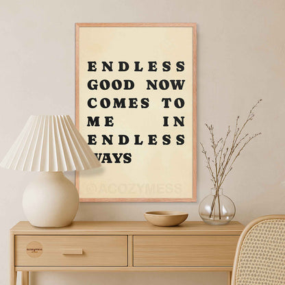 Poster framed in natural oakwood, displayed against a neutral wall—featuring black text on a beige background for a warm, earthy aesthetic.