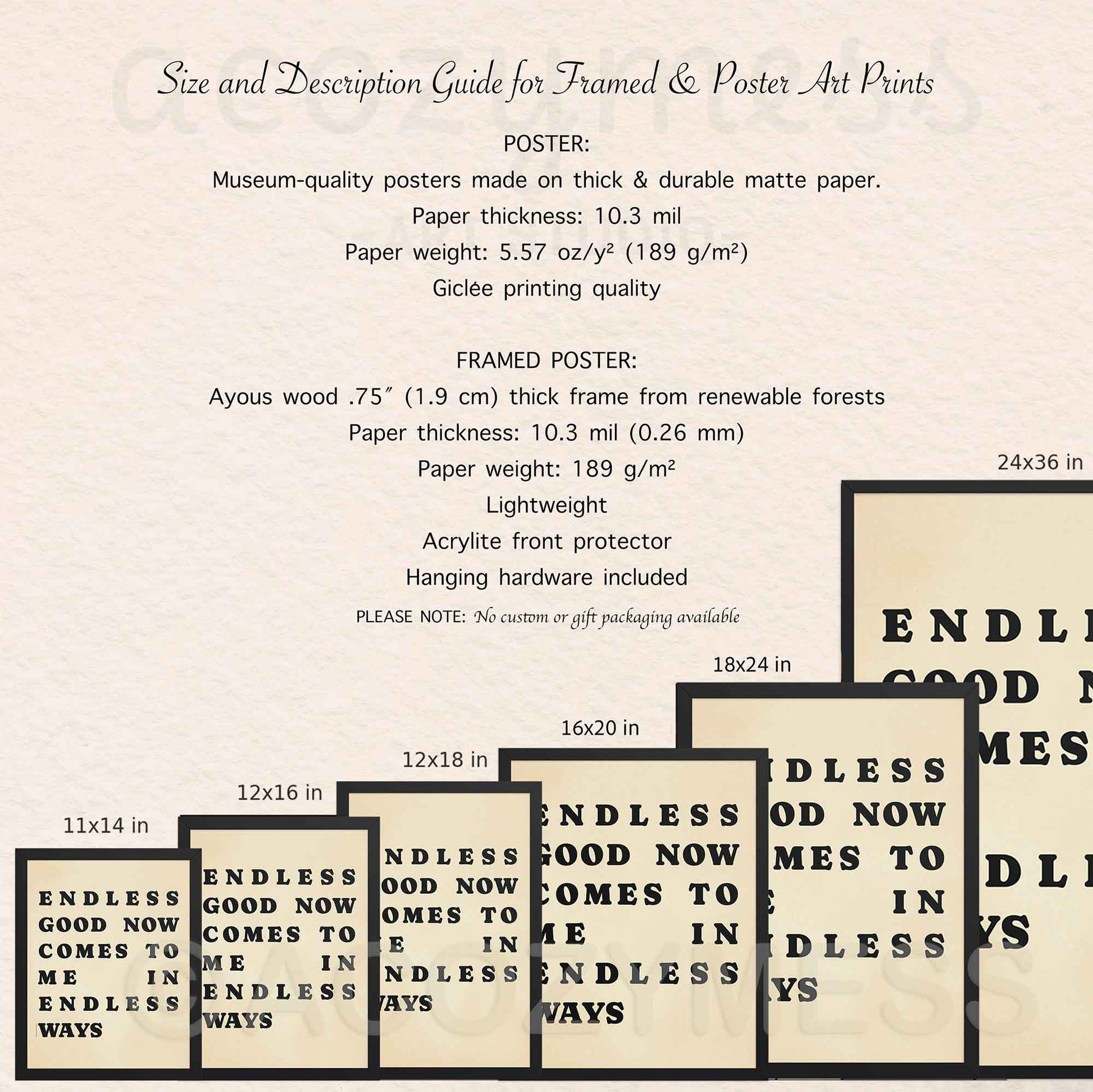 Graphic showing available poster sizes and framing options (black, white, oakwood, or unframed) with a beige background and elegant black typography.