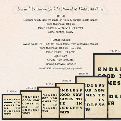 Graphic showing available poster sizes and framing options (black, white, oakwood, or unframed) with a beige background and elegant black typography.