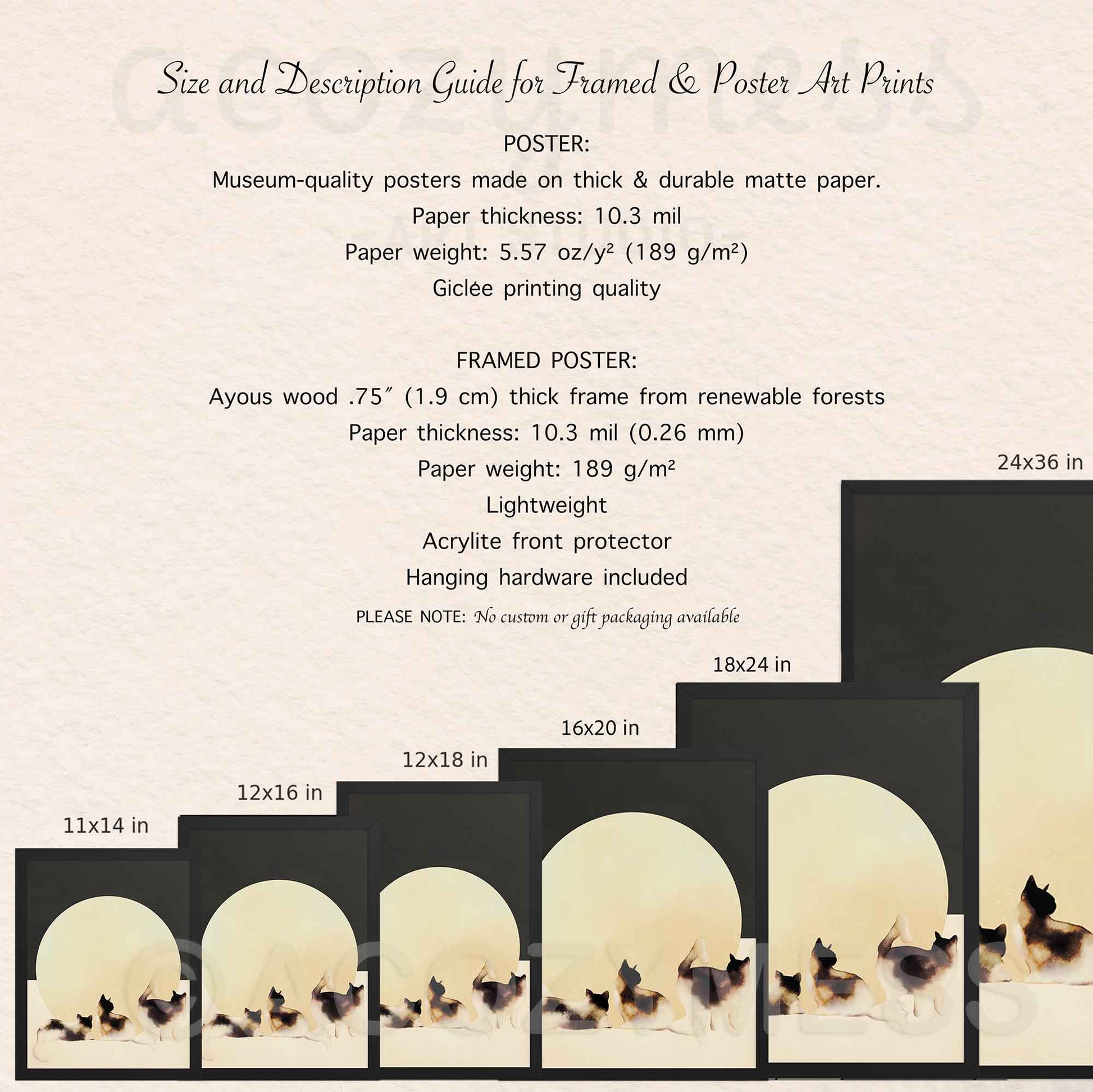 Size and description guide for framed and poster art prints with sample prints displayed.