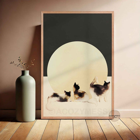 Oakwood-framed three cats wall art on dark gray with a warm beige sun shape, minimalist cat decor for modern interiors.