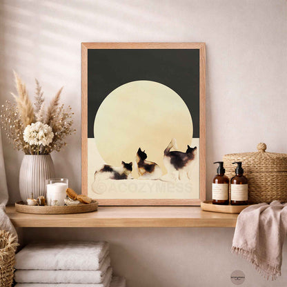 Modern Japandi cat wall art in oakwood frame—three cats on dark gray and beige background in a calm, refined composition.