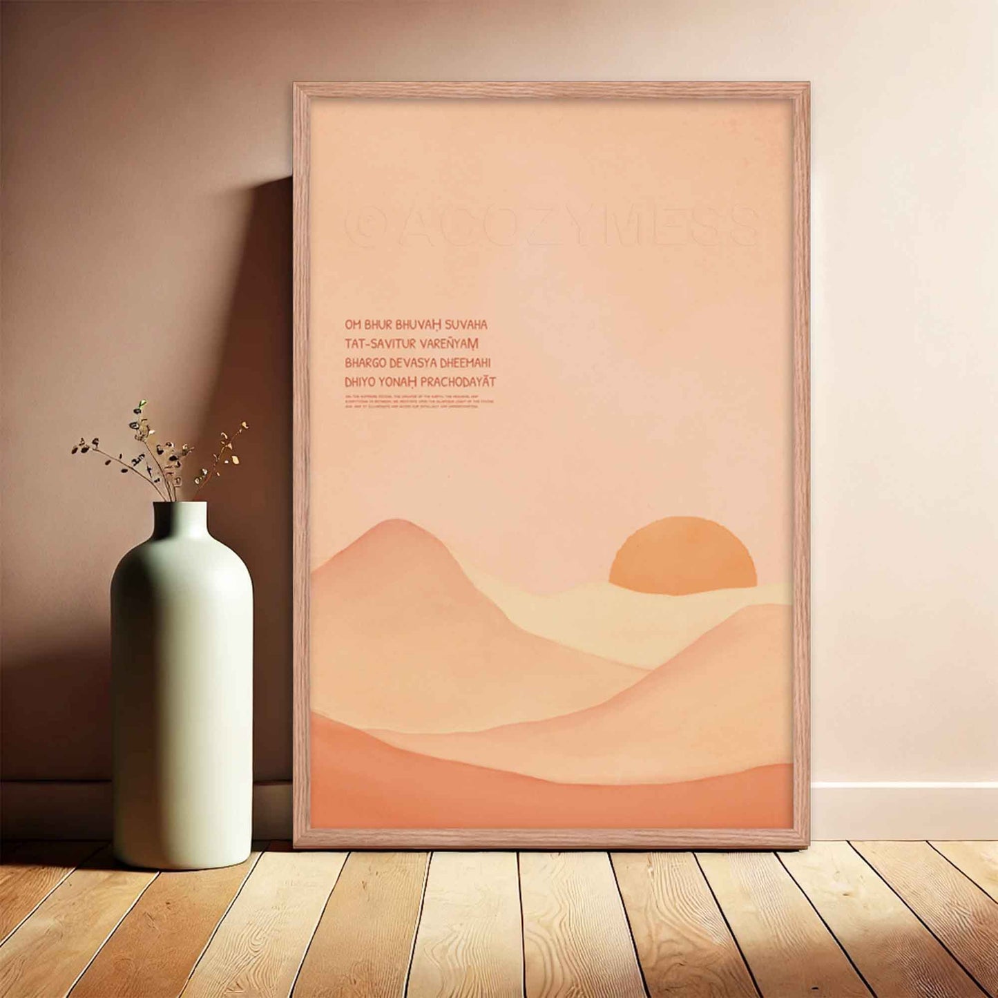 Gayatri Mantra poster featuring calming landscape art in a light color palette, displayed in a oak frame, perfect for meditation or yoga room decor.