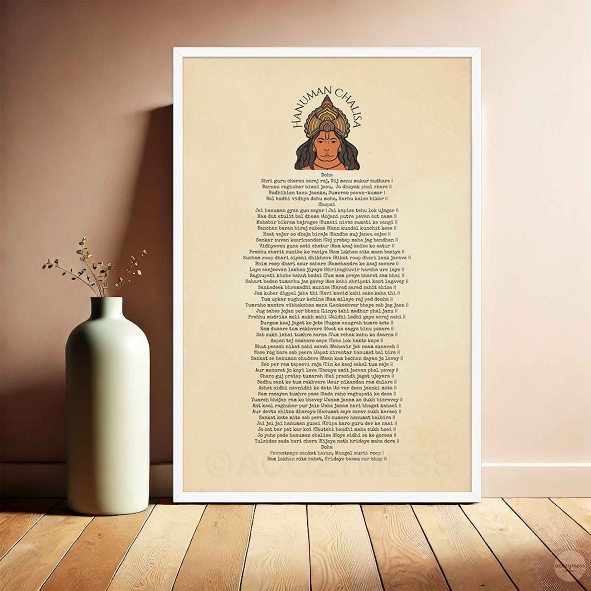 Hanuman Chalisa poster in a clean white frame, adding a serene touch to a bright, airy room.