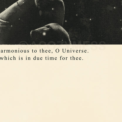 Mystical Stoic philosophy poster in black and beige featuring Marcus Aurelius quote about harmony with the universe