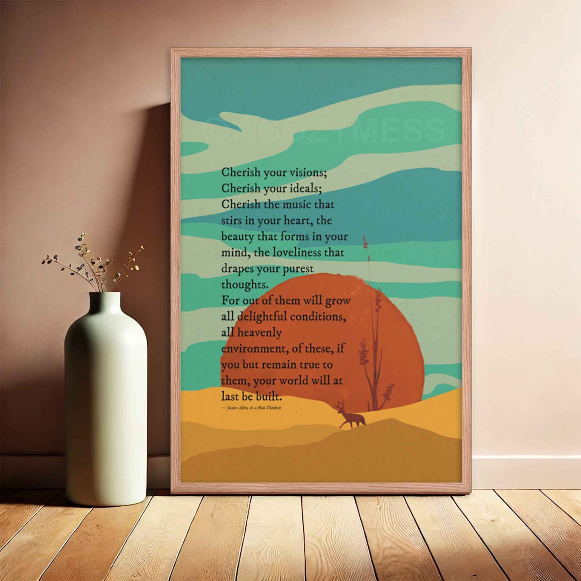 James Allen Poster with motivational words, cherish your Visions, with a nature inspired sun illustration, in oakwood frame.