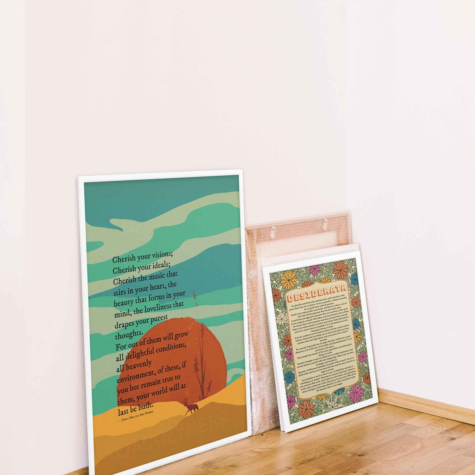 James Allen Print and Desiderata Poem Print in white frames