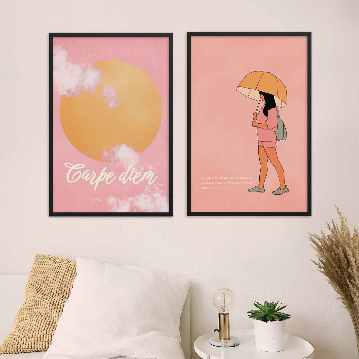 carpe diem, seize the day sun art poster and jane eyre quote on free will with a woman illustration pink art print, framed in black