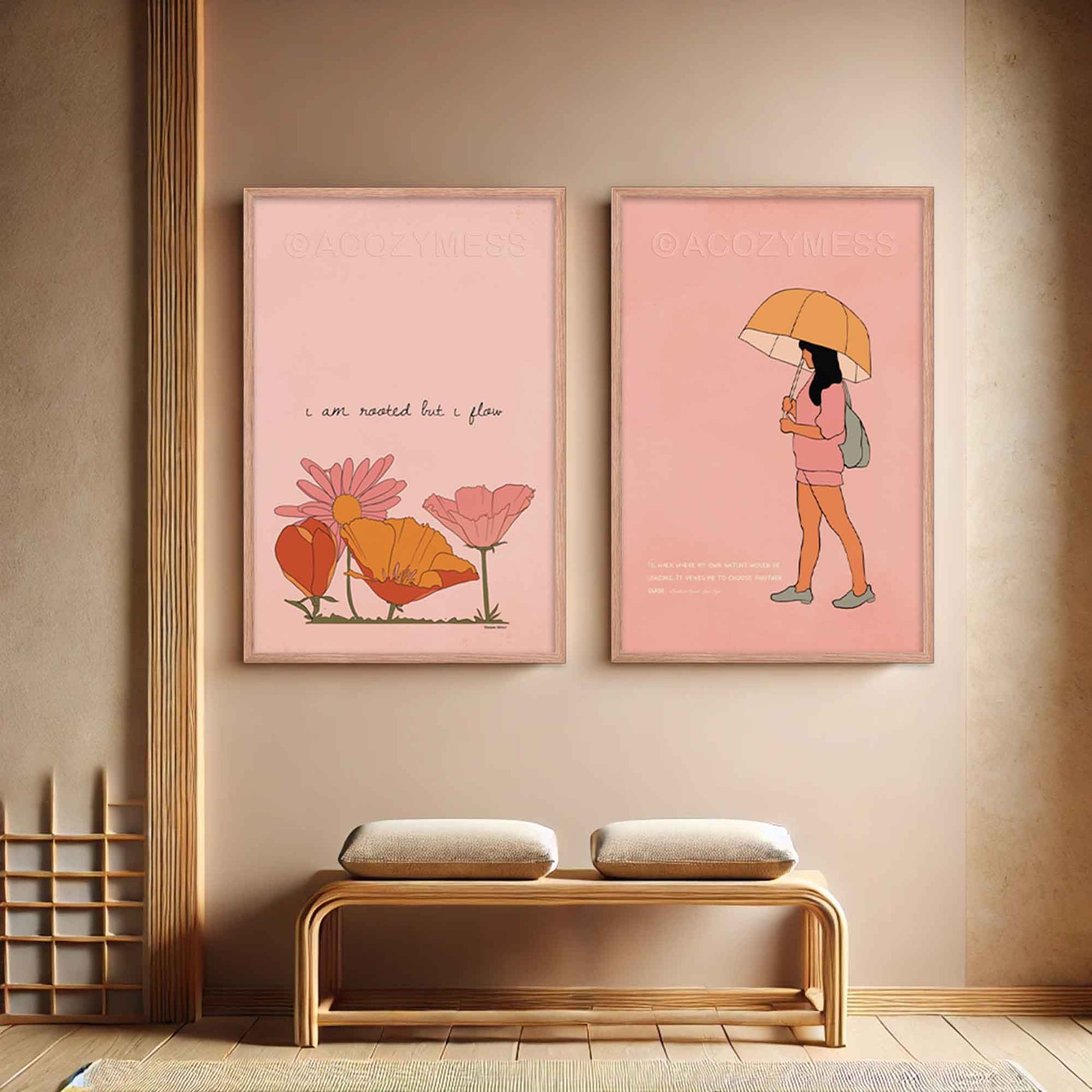 jane eyre art print and virginia woolf art print in pink color, framed in oakwood