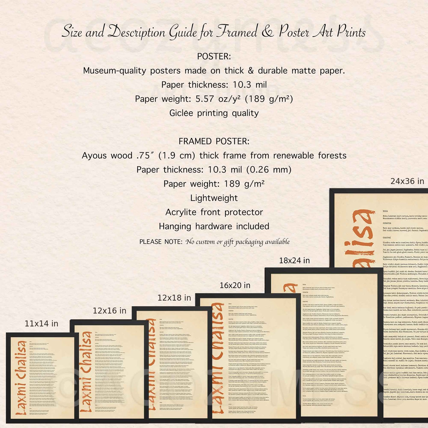 Size and description guide for framed and poster art prints with dimensions and material details.